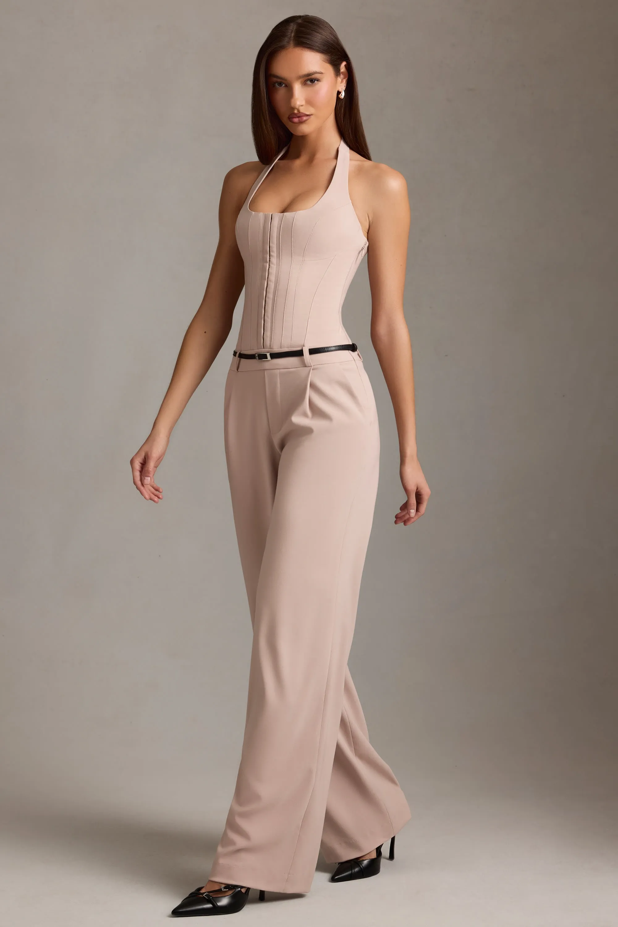 Corset-Detail Halterneck Jumpsuit in Mushroom