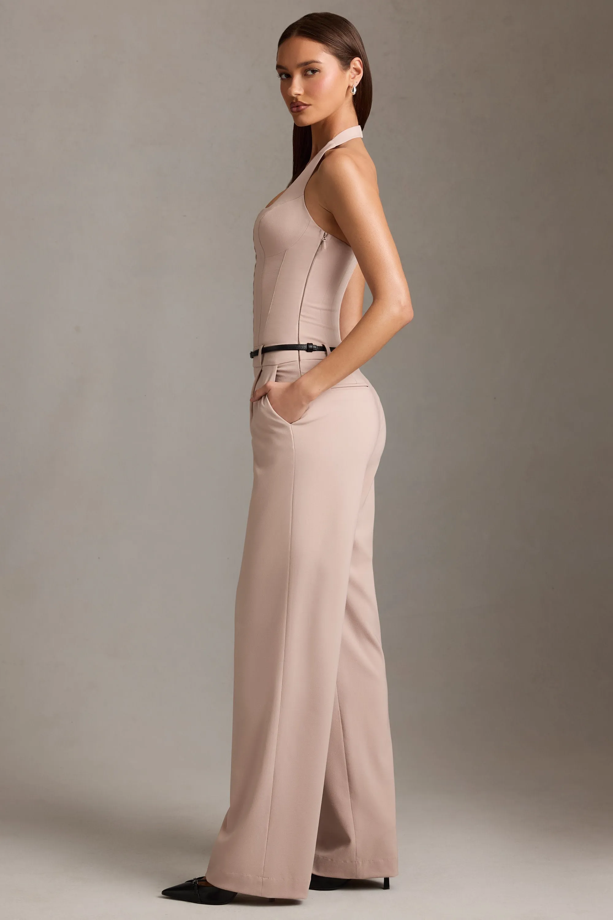 Corset-Detail Halterneck Jumpsuit in Mushroom
