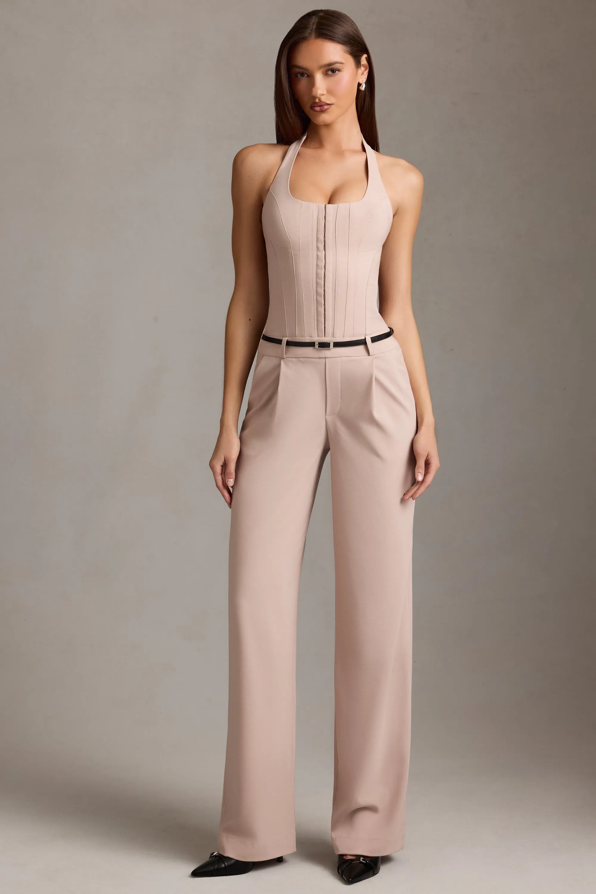 Corset-Detail Halterneck Jumpsuit in Mushroom