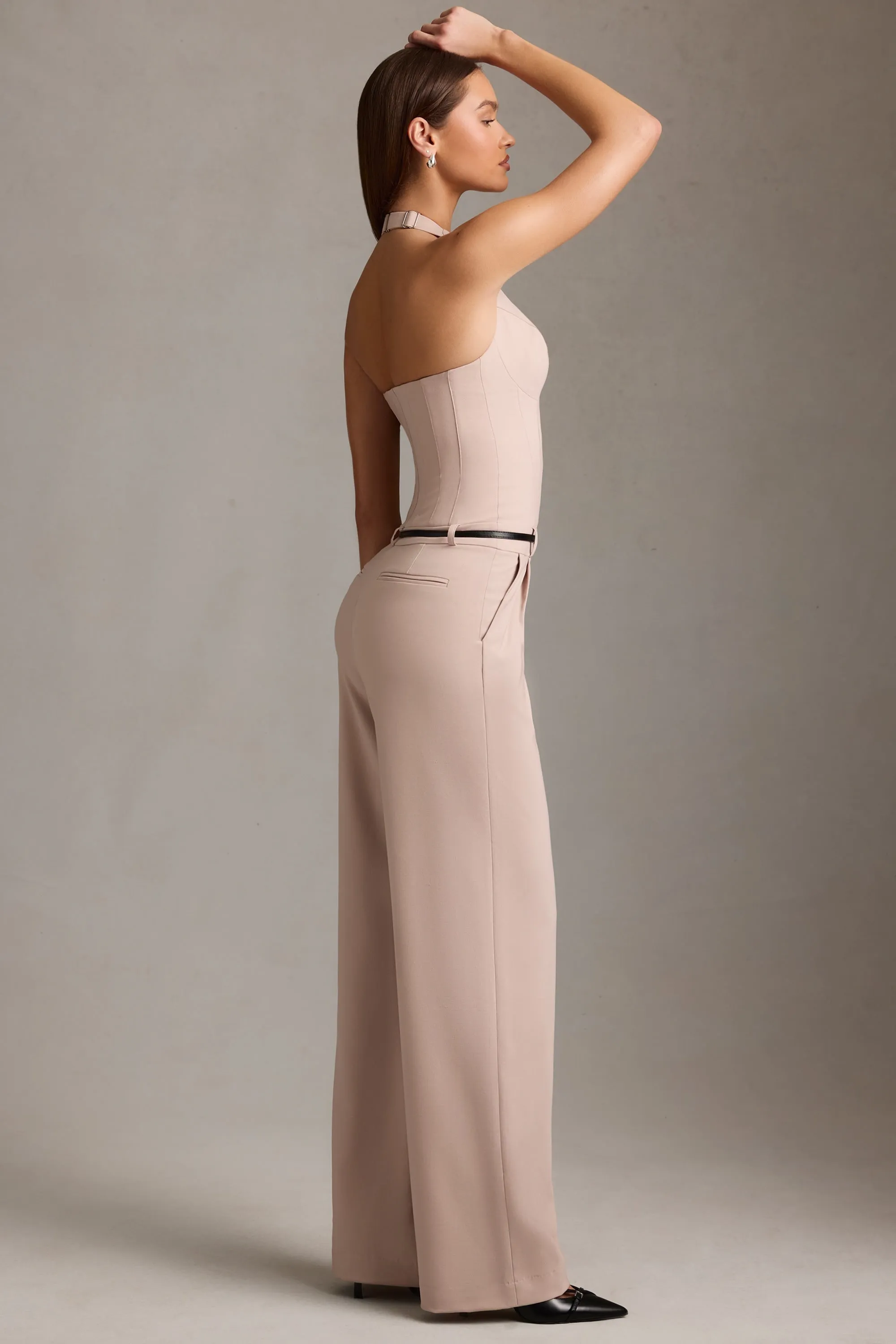 Corset-Detail Halterneck Jumpsuit in Mushroom