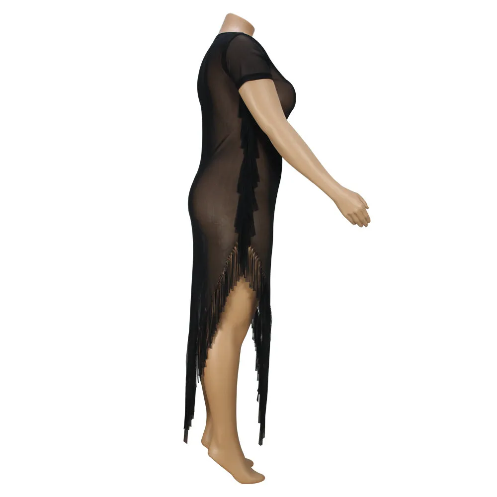 Cover Up Sheer Mesh Tassel Side Beach Dress