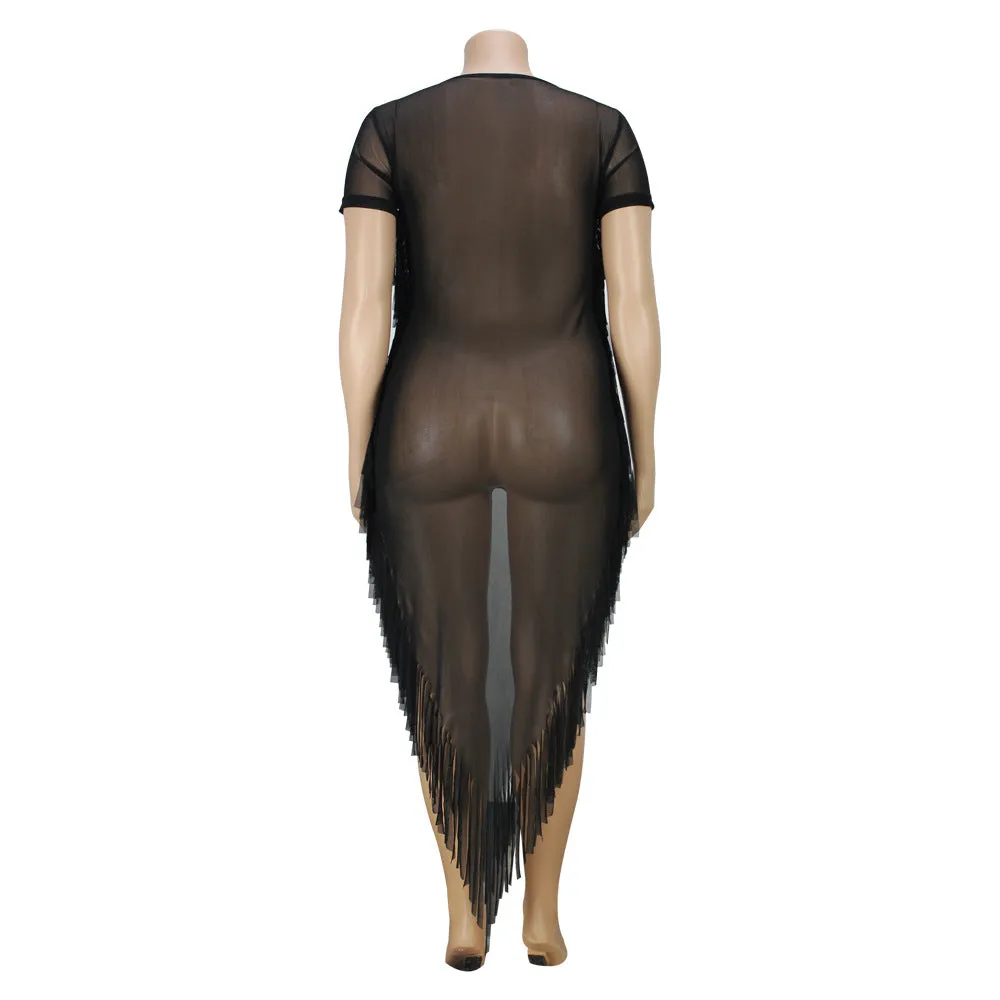 Cover Up Sheer Mesh Tassel Side Beach Dress