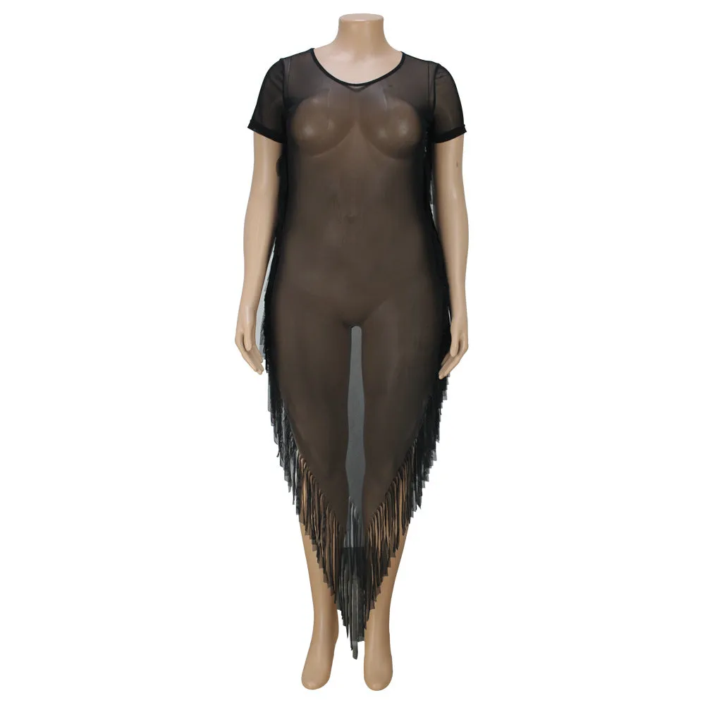 Cover Up Sheer Mesh Tassel Side Beach Dress