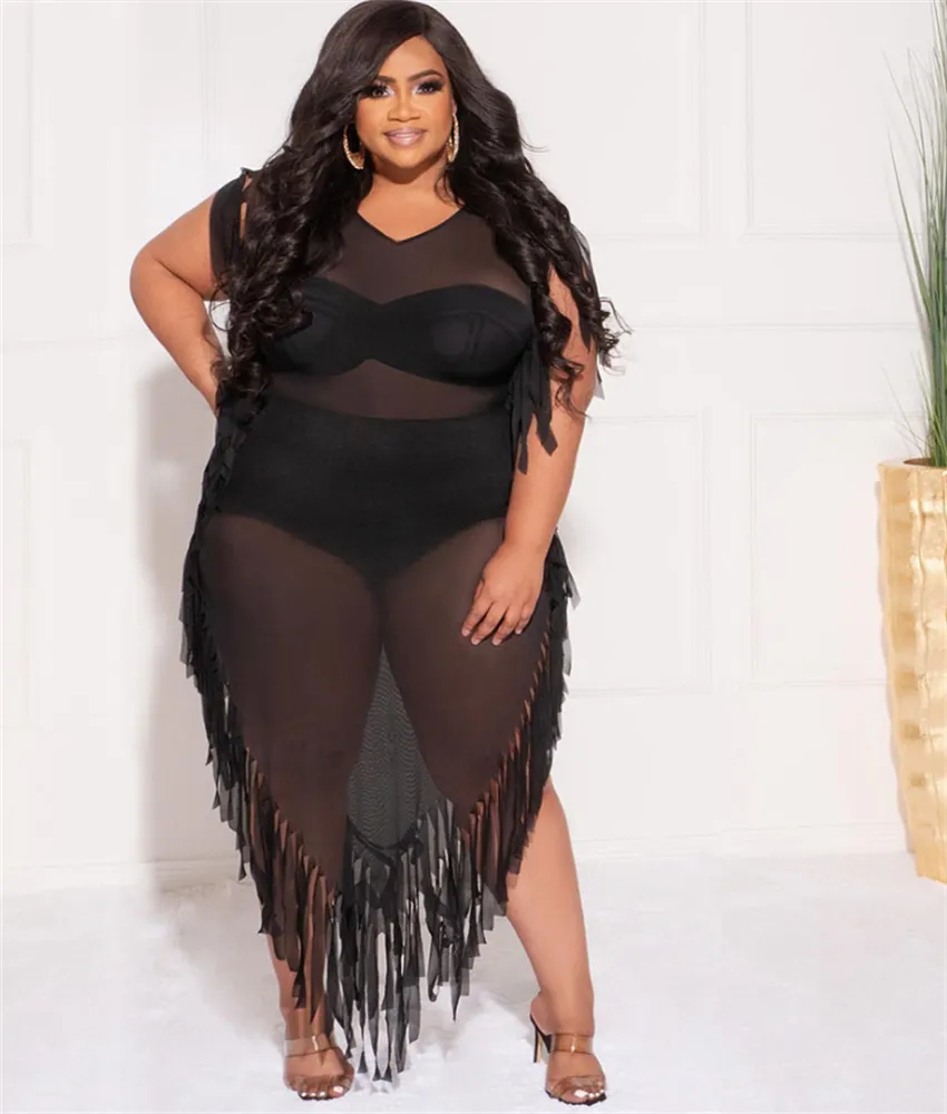 Cover Up Sheer Mesh Tassel Side Beach Dress