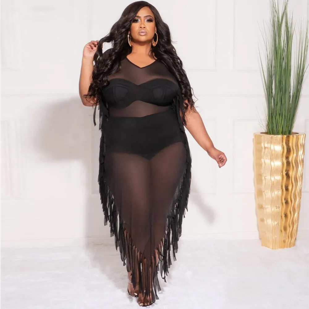 Cover Up Sheer Mesh Tassel Side Beach Dress
