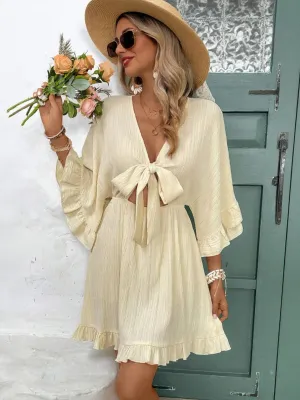Cream Mini Dress With Front Tie Up Detail