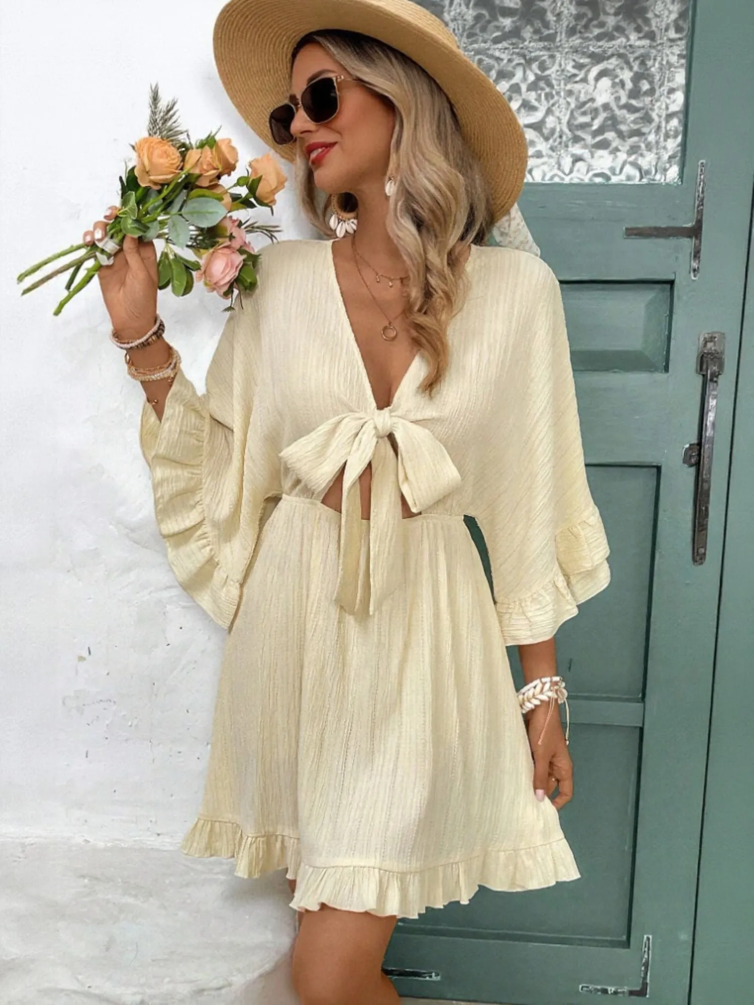 Cream Mini Dress With Front Tie Up Detail