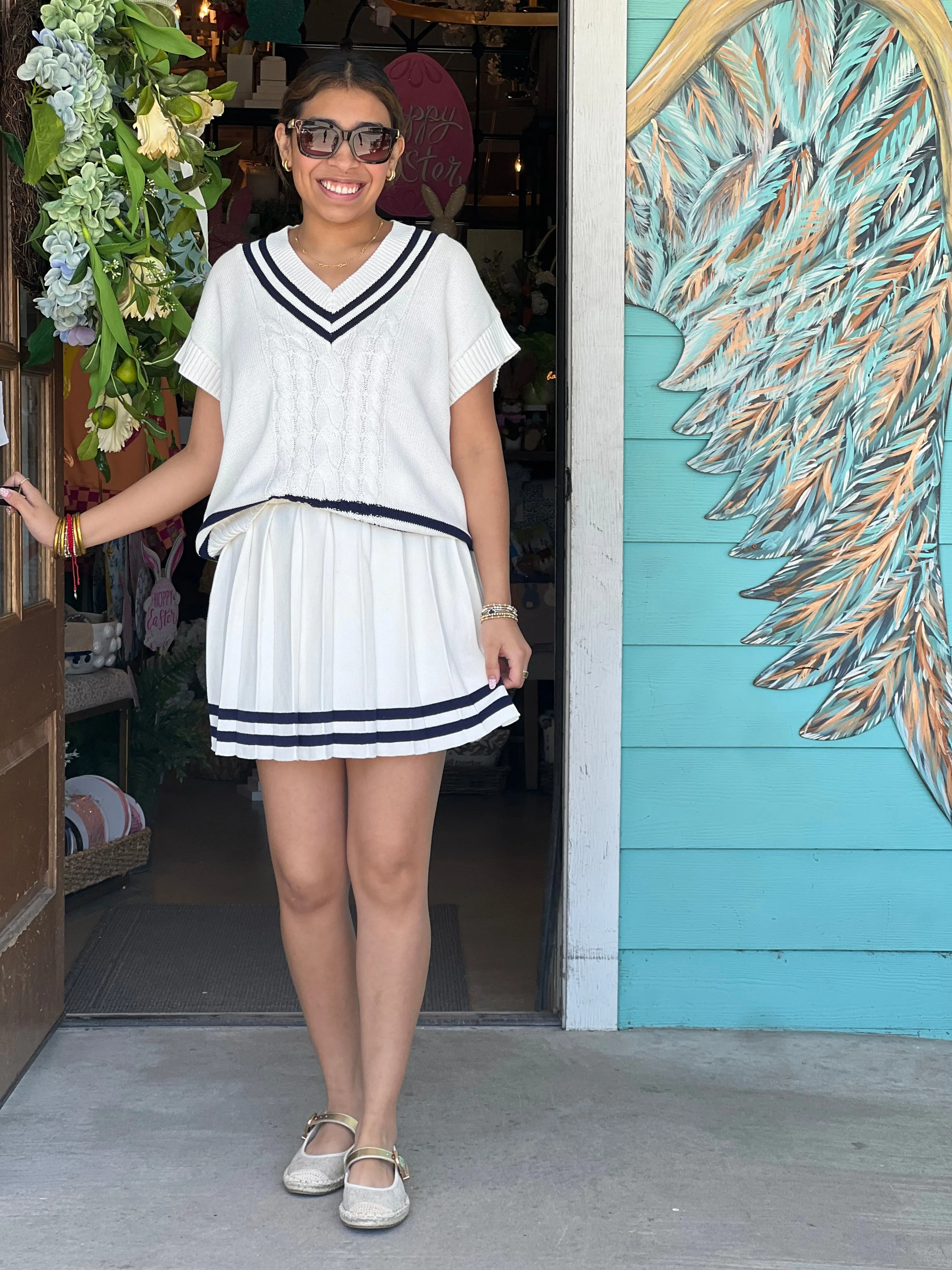 Cream Varsity Stripe Pleated Mini Skirt