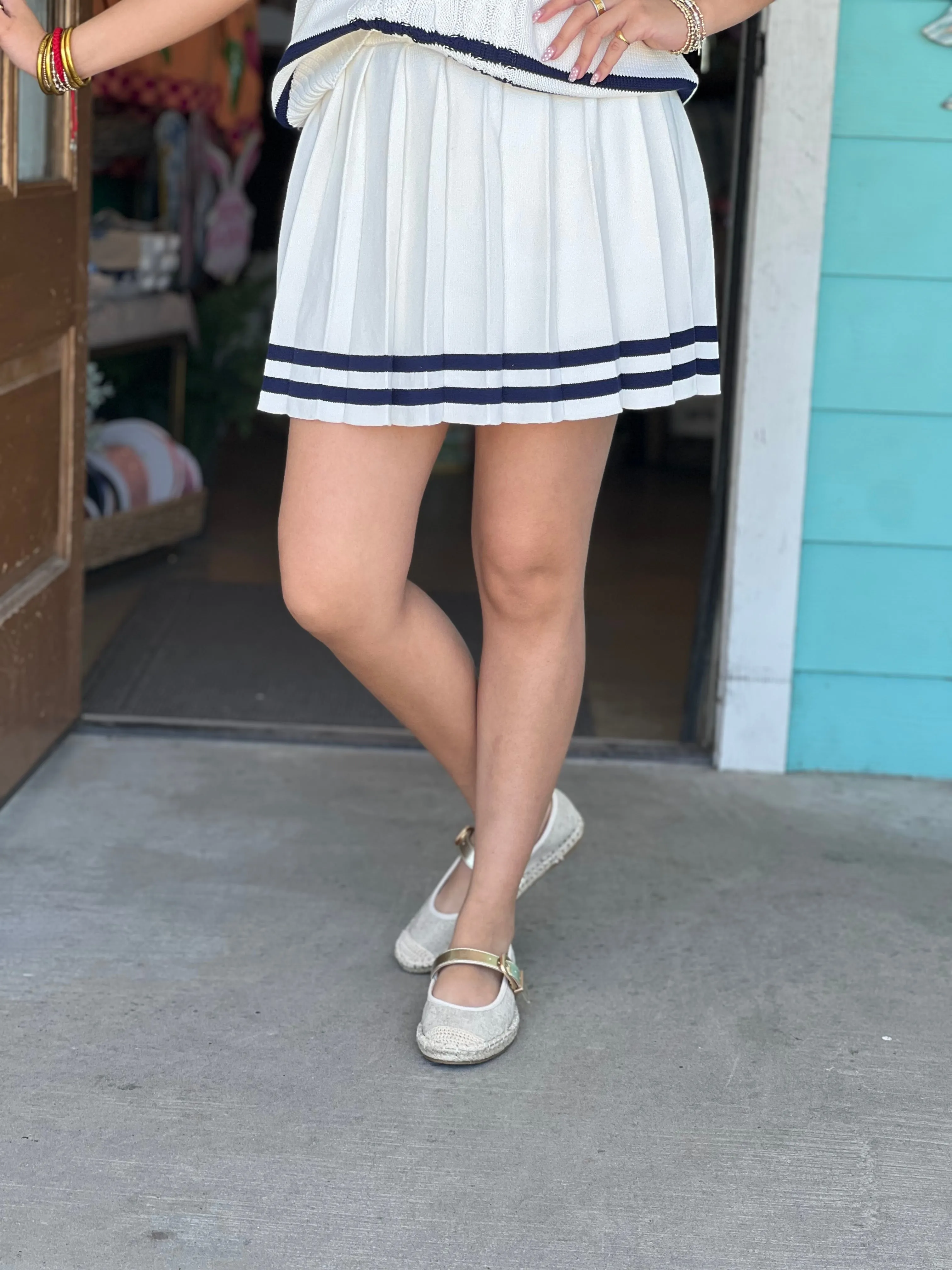 Cream Varsity Stripe Pleated Mini Skirt