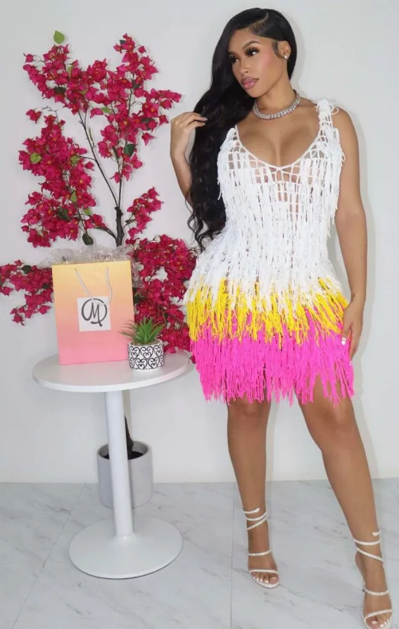 Crochet Knitted Tassel Beach Cover Up Dress