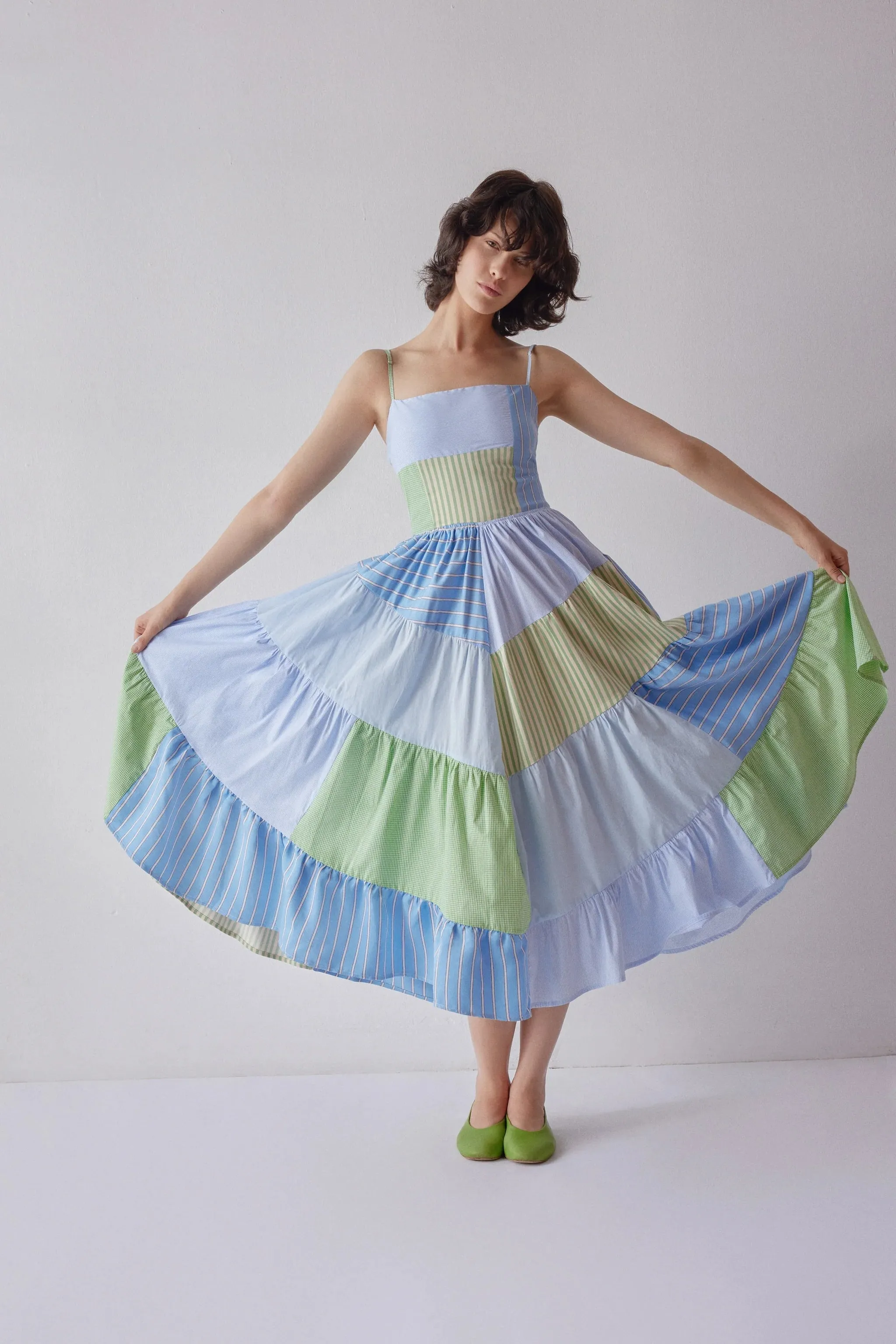 darcy dress in patchwork blue