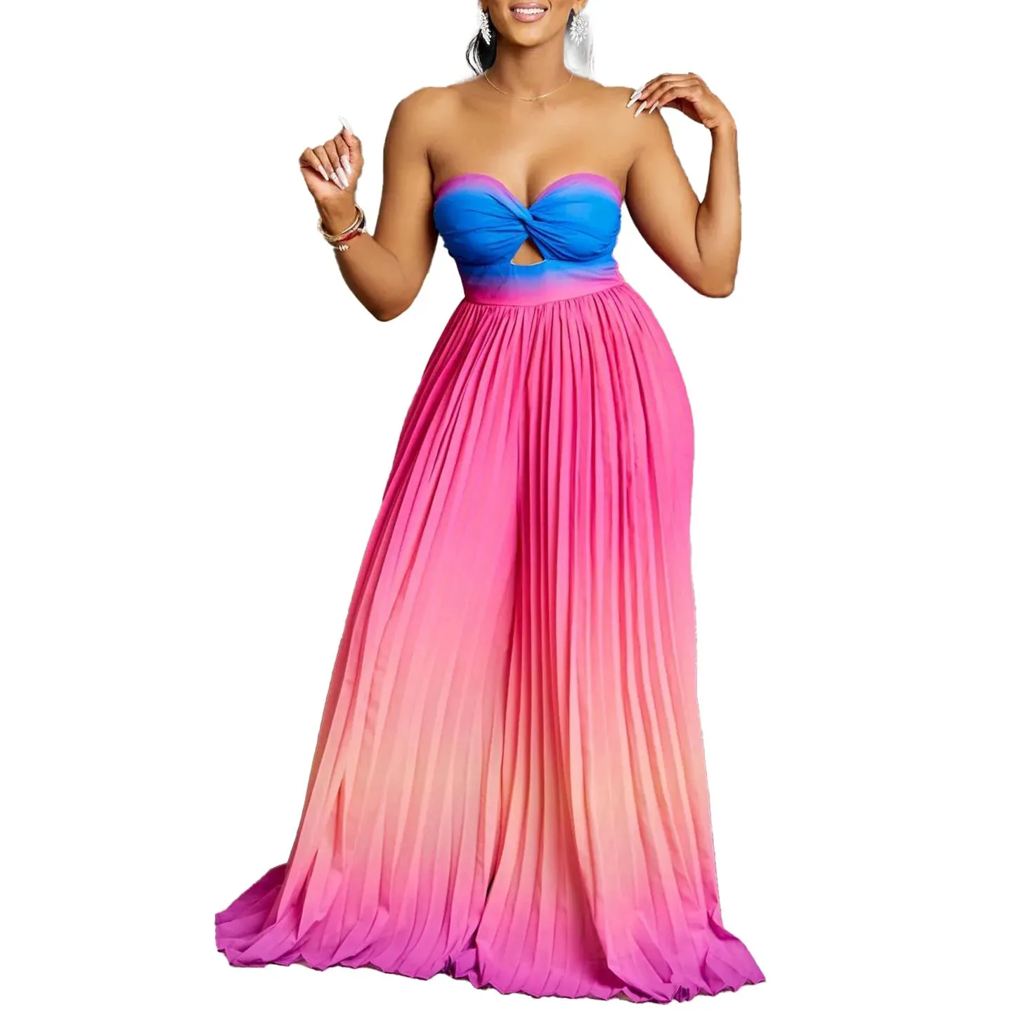 Dashiki African Elegant Fashion Women Pleated Jumpsuits Sleeveless Wide Leg Pants Rompers Party Office Outfits 2024 Summer