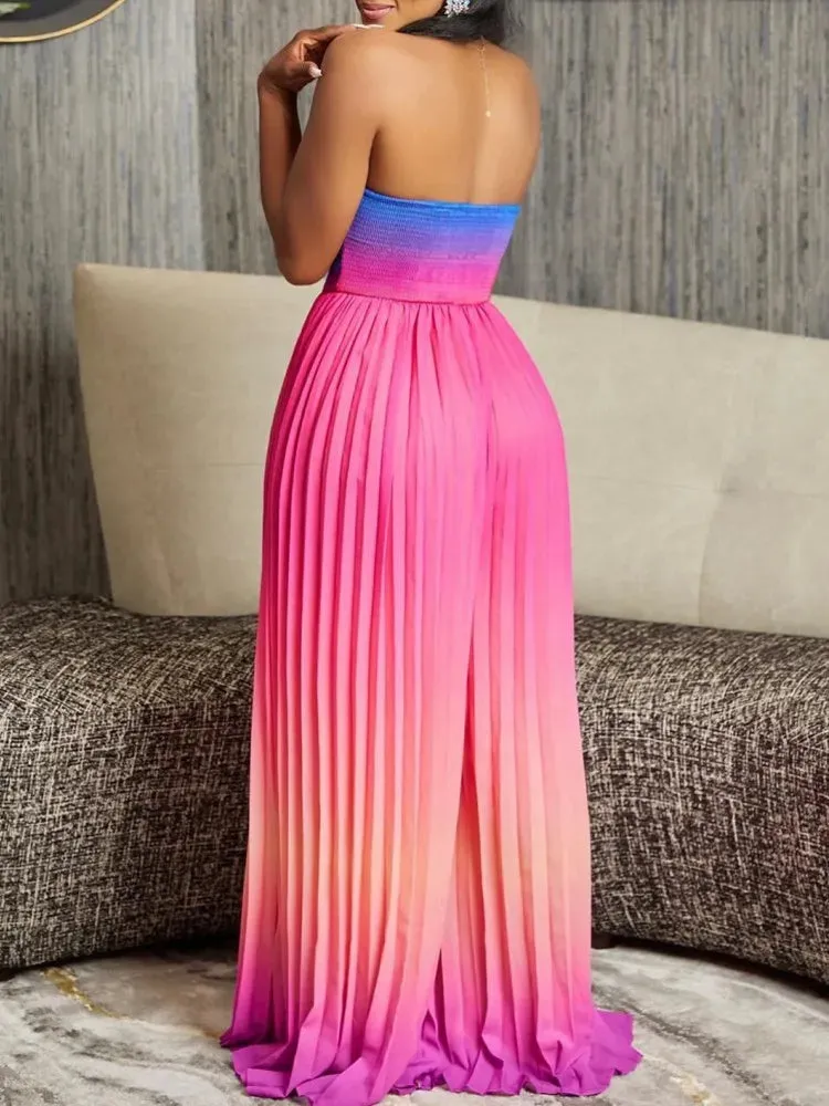 Dashiki African Elegant Fashion Women Pleated Jumpsuits Sleeveless Wide Leg Pants Rompers Party Office Outfits 2024 Summer
