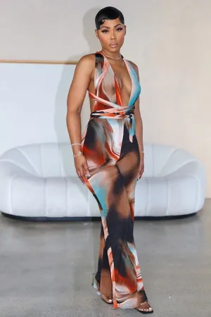 Deep V Halter Backless Swirl Print Wide Leg Jumpsuit-Multicolor [Pre Order]