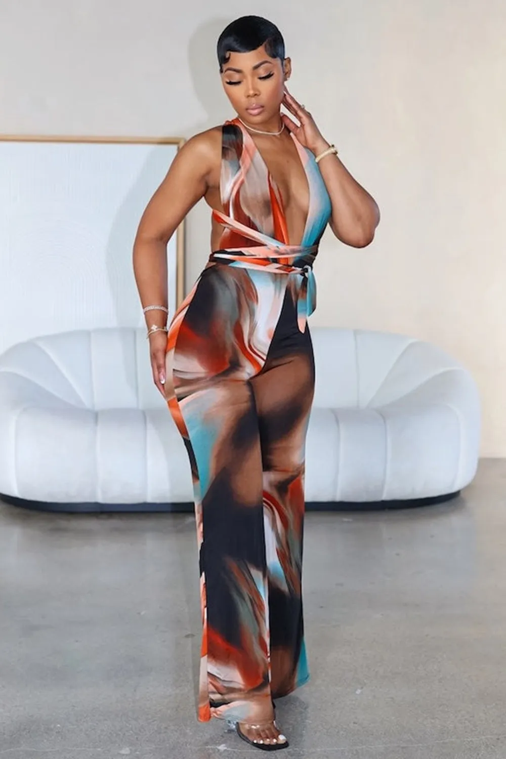 Deep V Halter Backless Swirl Print Wide Leg Jumpsuit-Multicolor [Pre Order]