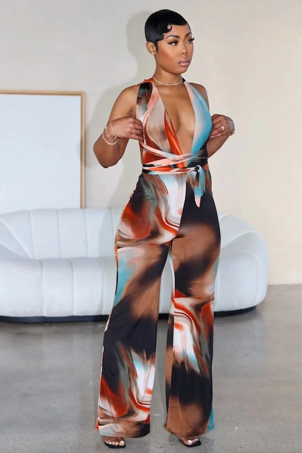 Deep V Halter Backless Swirl Print Wide Leg Jumpsuit-Multicolor [Pre Order]