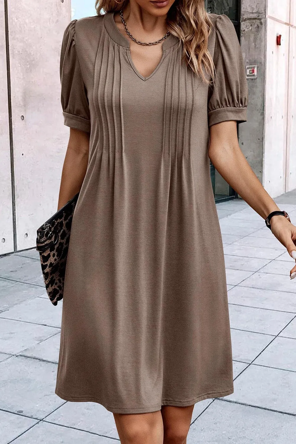 Desert Palm Puff Sleeve Notched Neck Pleated Mini Dress