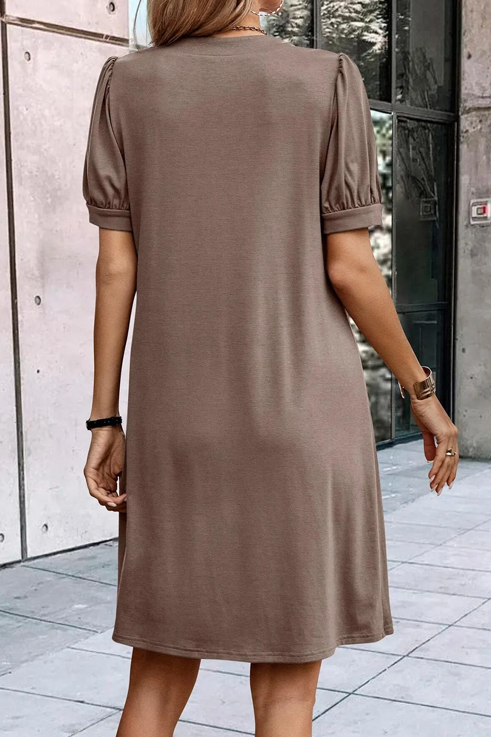 Desert Palm Puff Sleeve Notched Neck Pleated Mini Dress
