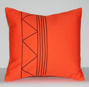 Designer African Tribal Pillow Handmade  Orange with Black Applique 16" X 16"