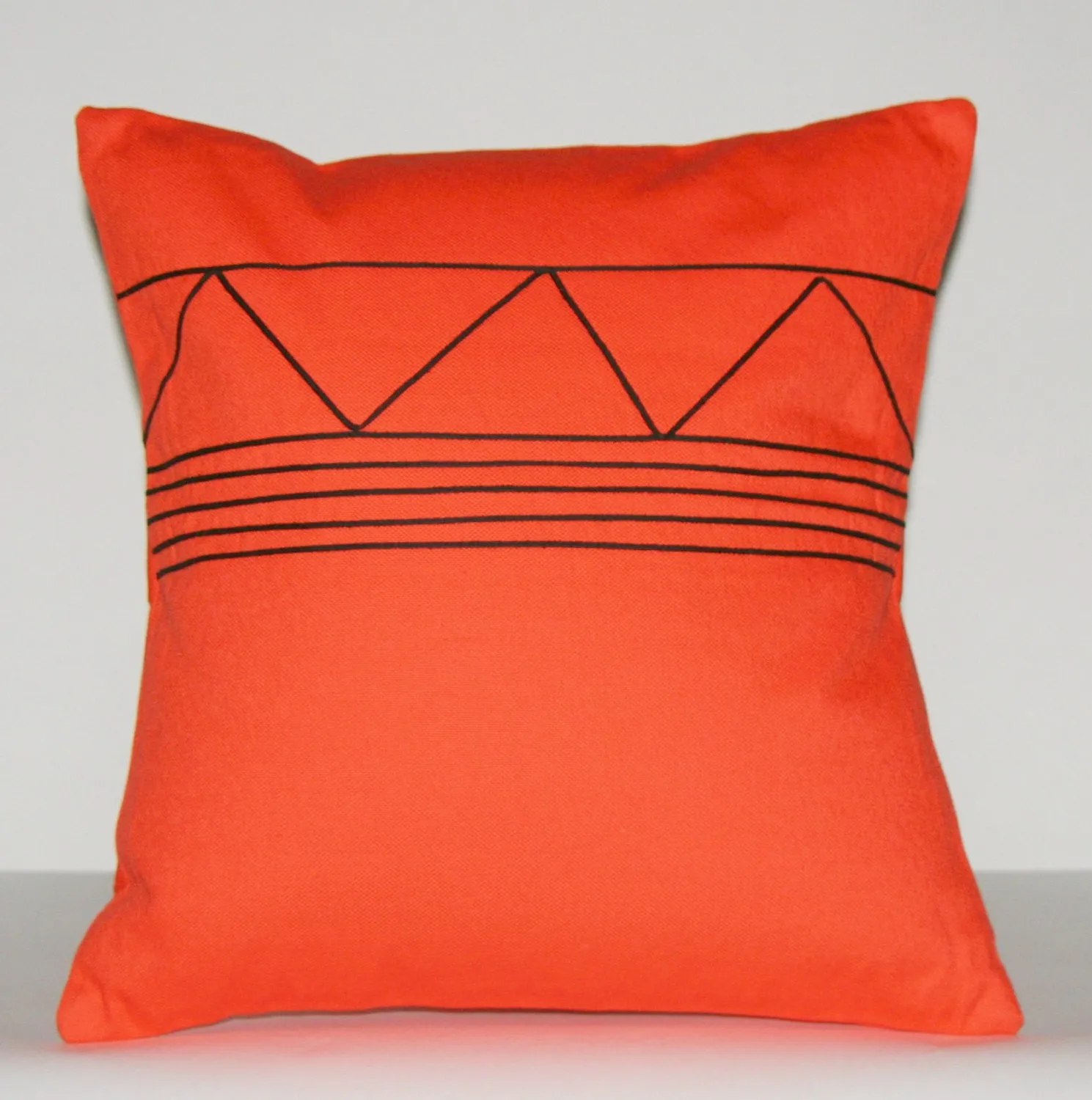 Designer African Tribal Pillow Handmade  Orange with Black Applique 16" X 16"