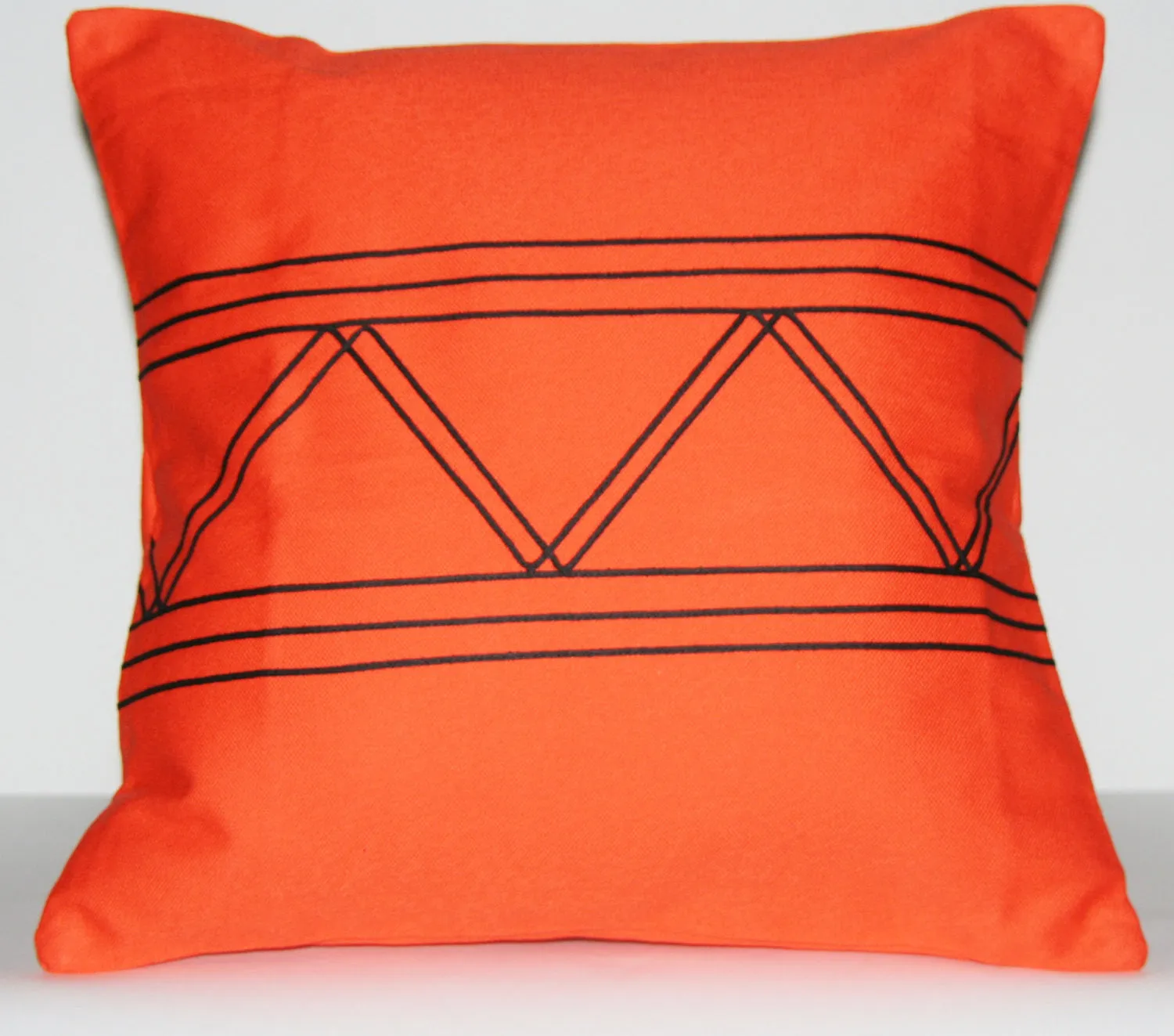 Designer African Tribal Pillow Orange with Black Applique 16" X 16"