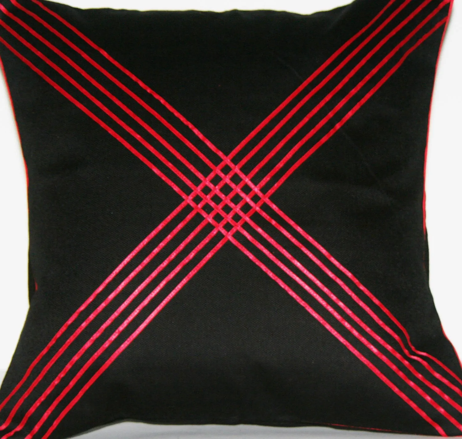 Designer African Xhosa Tribal Black Pillow Red Applique Design Crossing Paths 16" X 16.5"