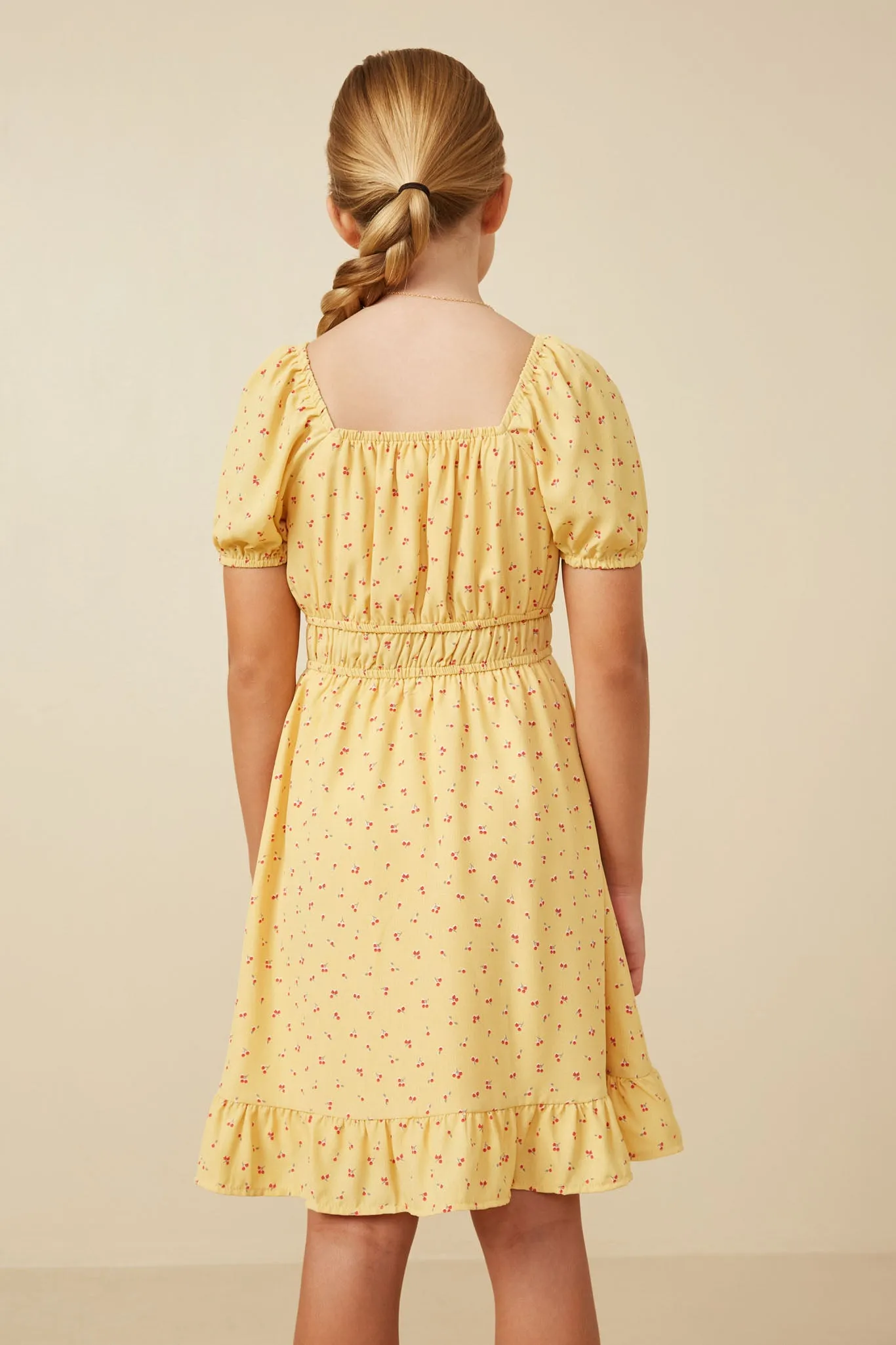 Ditsy Print Button Detail Square Neck Puff Sleeve Dress