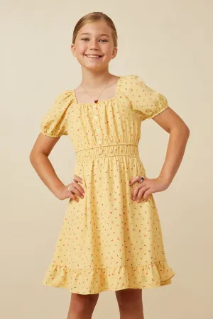 Ditsy Print Button Detail Square Neck Puff Sleeve Dress