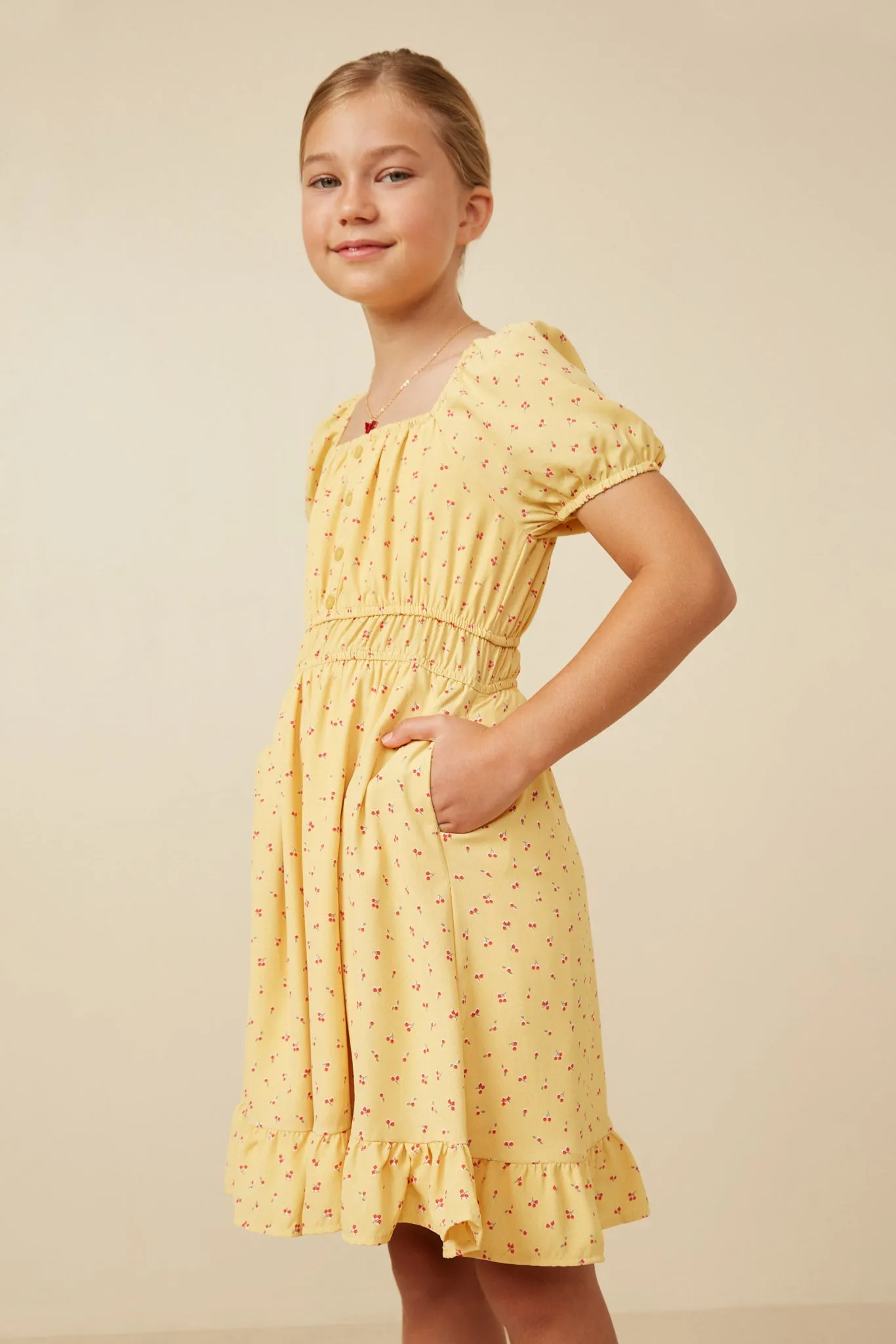 Ditsy Print Button Detail Square Neck Puff Sleeve Dress