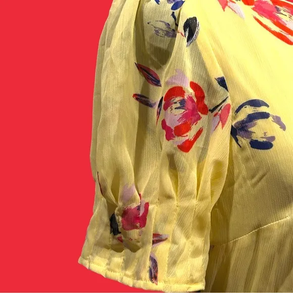 DKNY floral brushstrokes bright vibrant yellow sheer outer fully lined midi