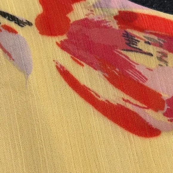 DKNY floral brushstrokes bright vibrant yellow sheer outer fully lined midi