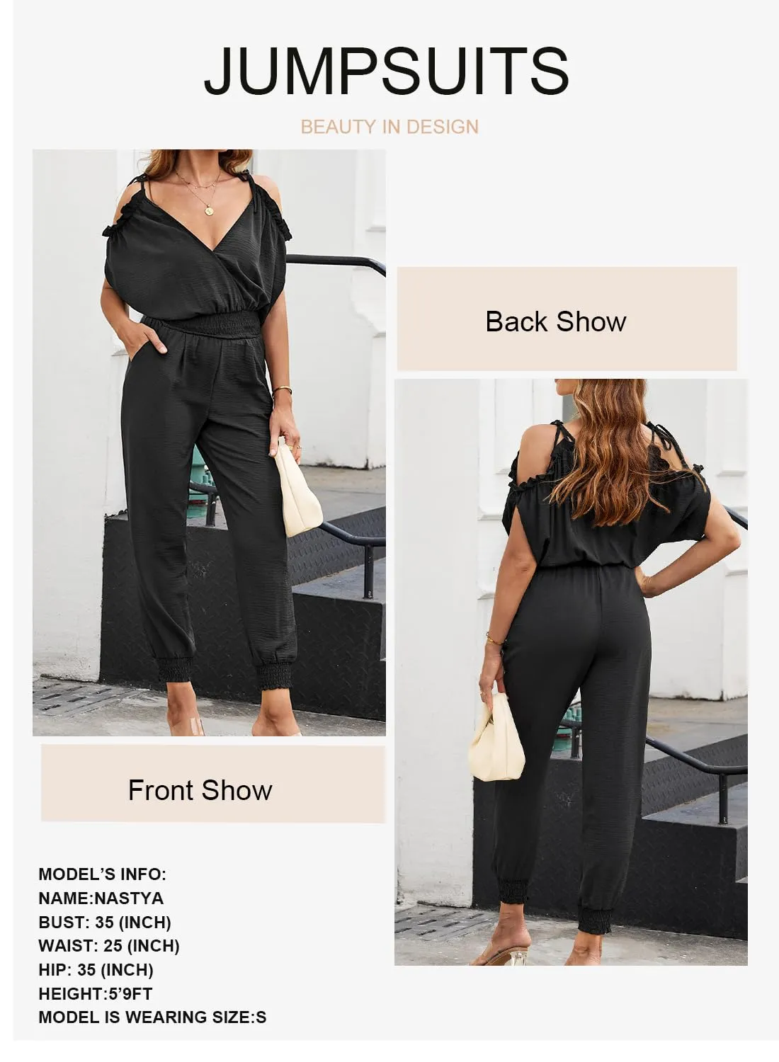 Dokotoo Jumpsuit for Womens Dressy Casual 2024 Wrap V Neck Formal One Piece Cruise Outfits Long Romper Elastic Waist Cold Shoulder with Pockets Outfits