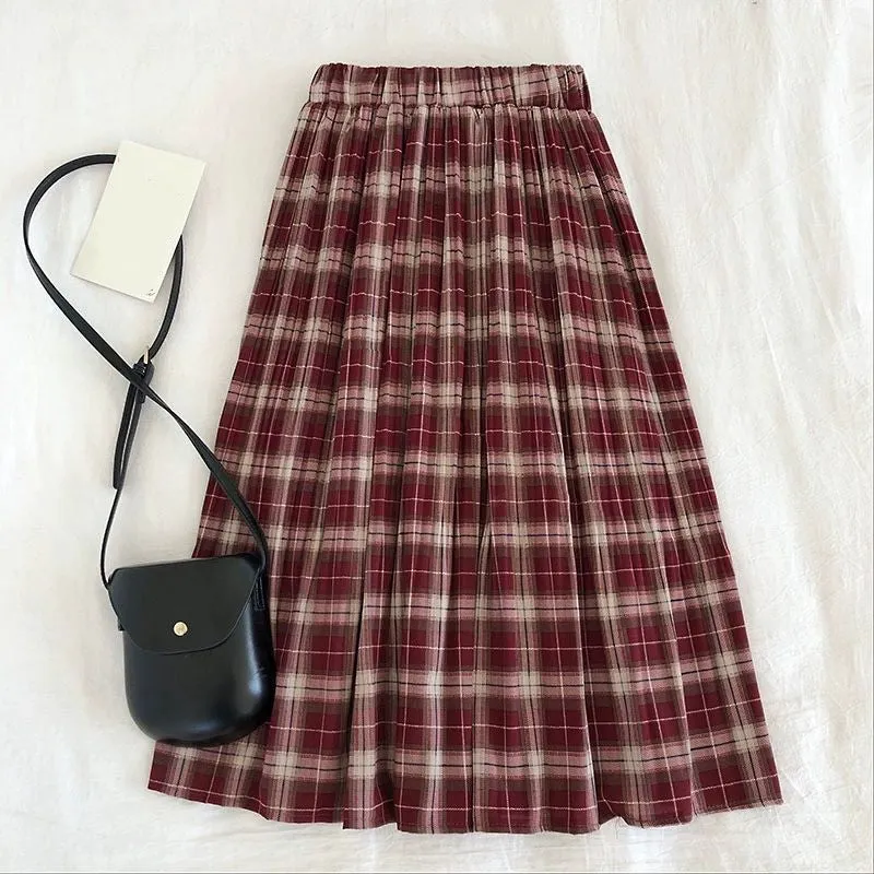 Elastic Waist Solid Plaid Pleated Long Skirts