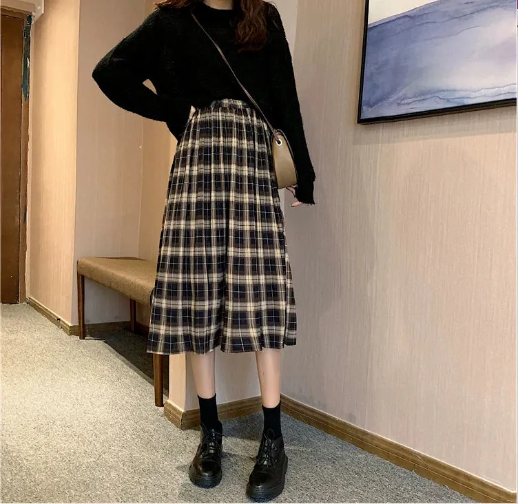 Elastic Waist Solid Plaid Pleated Long Skirts