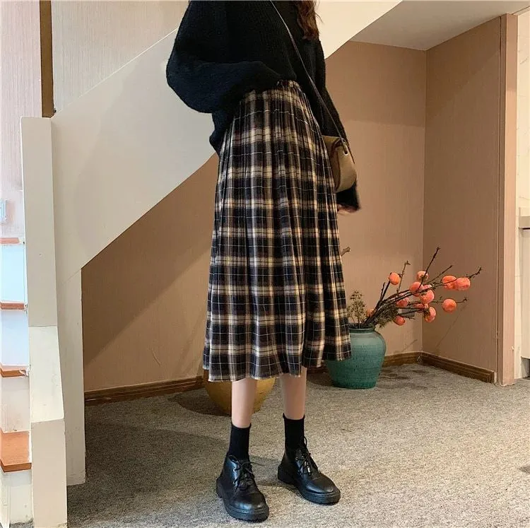 Elastic Waist Solid Plaid Pleated Long Skirts