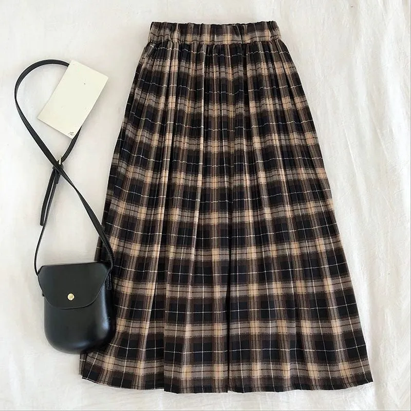 Elastic Waist Solid Plaid Pleated Long Skirts