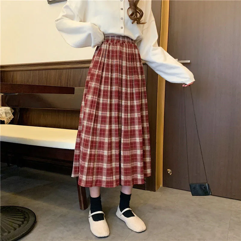 Elastic Waist Solid Plaid Pleated Long Skirts