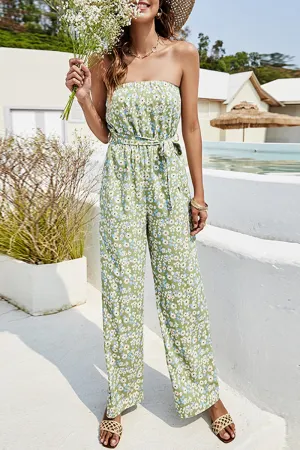 Elegant Floral With Belt Strapless Straight Jumpsuits