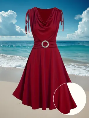 Elegant Red Midi Dress with Cowl Neck and Ruched Shoulders