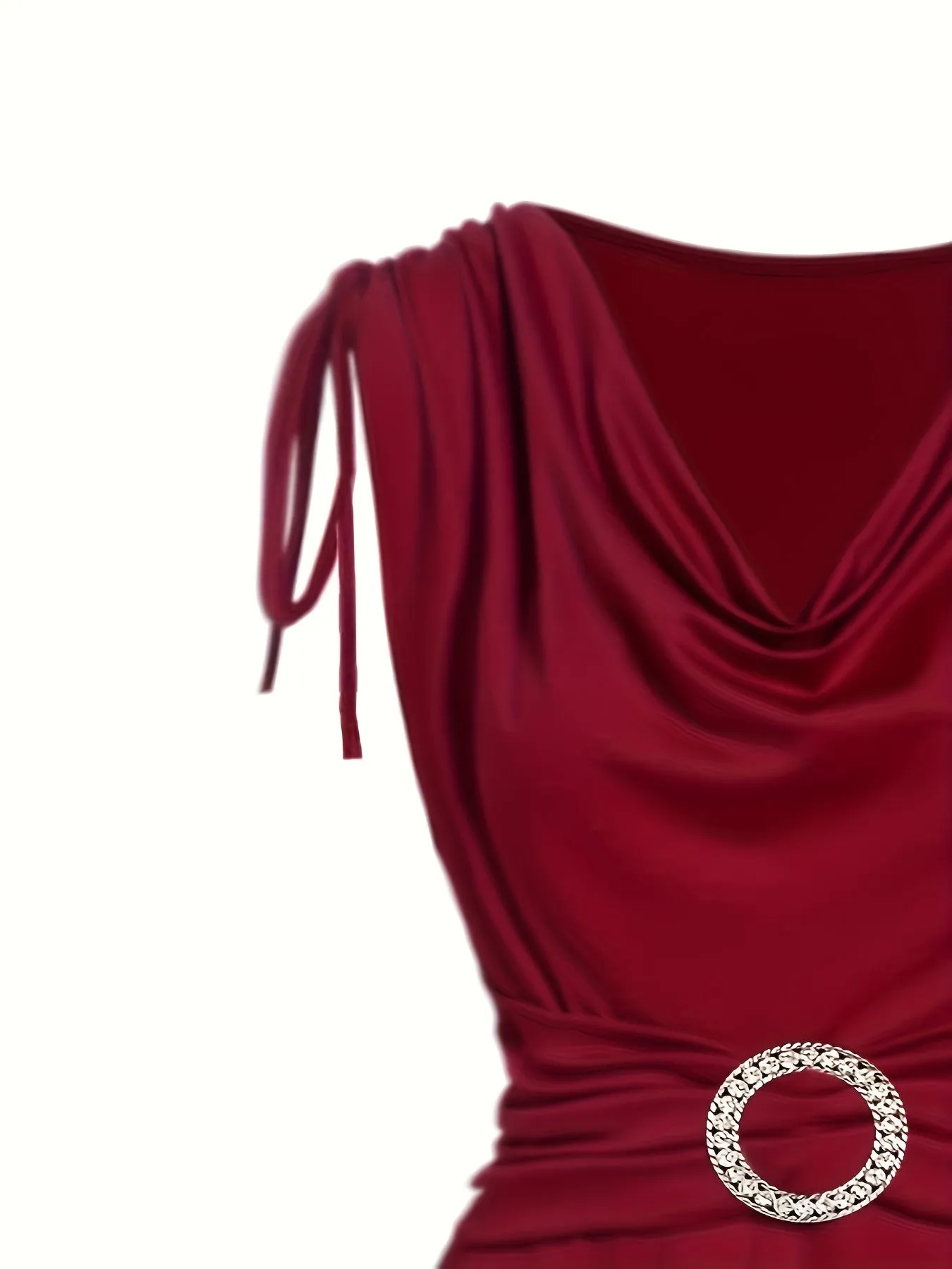 Elegant Red Midi Dress with Cowl Neck and Ruched Shoulders