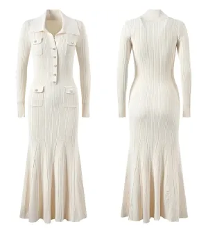 Elegant Ribbed Knit Mermaid Midi Dress Turn-Down Collar w/ Buttons Long Sleeve Long Slim Hip Dress
