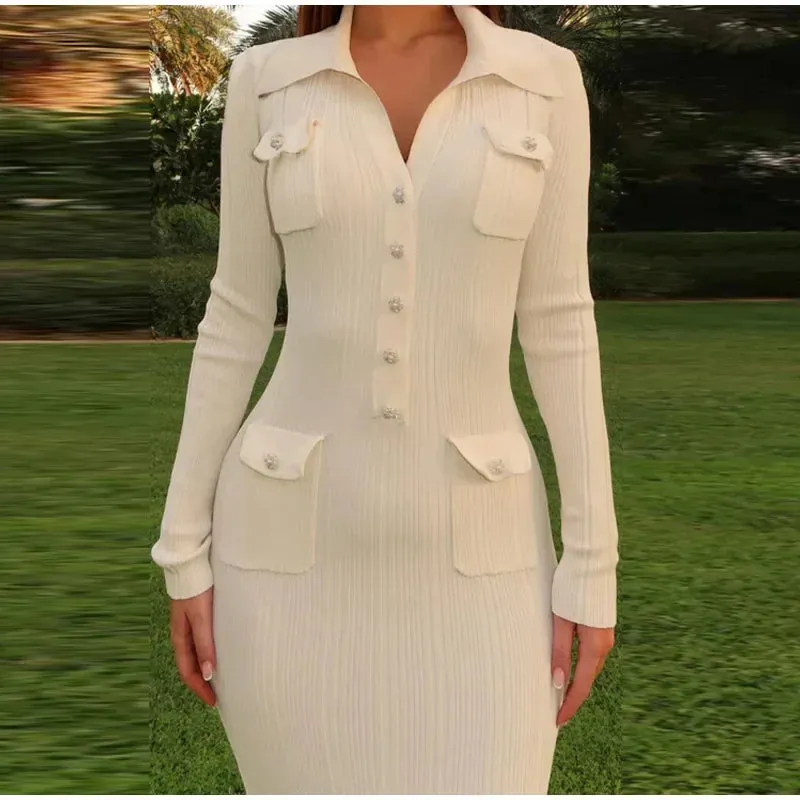 Elegant Ribbed Knit Mermaid Midi Dress Turn-Down Collar w/ Buttons Long Sleeve Long Slim Hip Dress