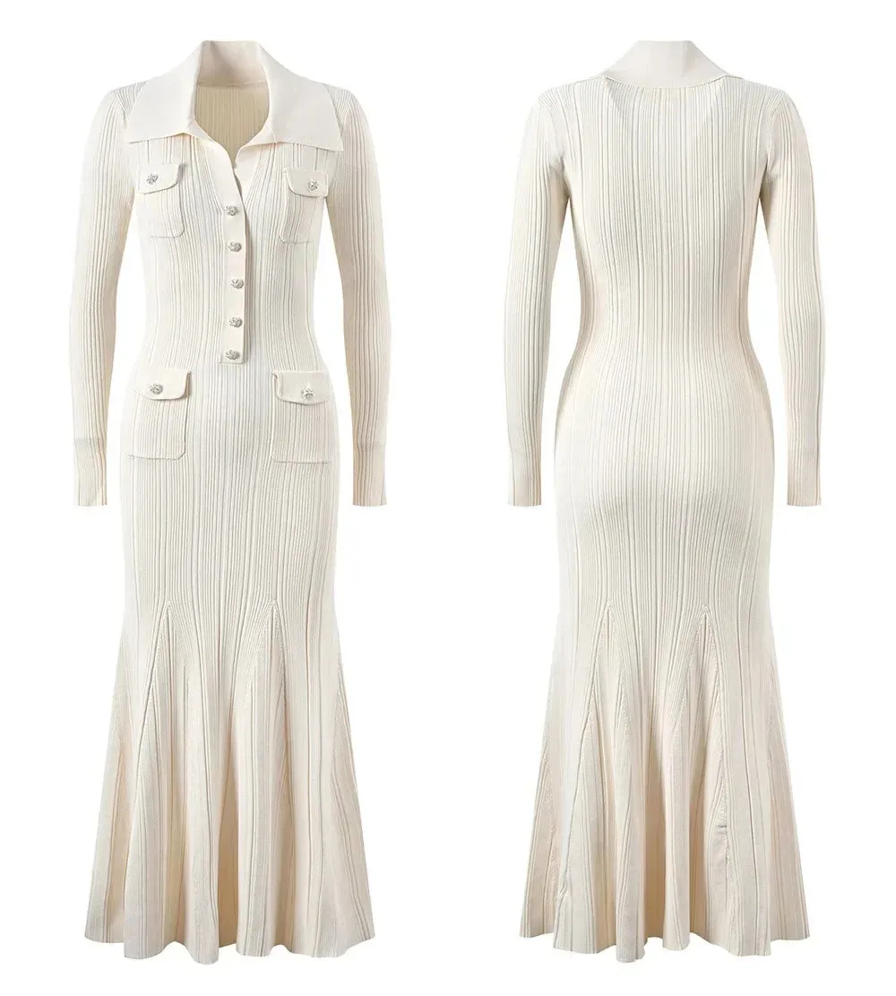 Elegant Ribbed Knit Mermaid Midi Dress Turn-Down Collar w/ Buttons Long Sleeve Long Slim Hip Dress