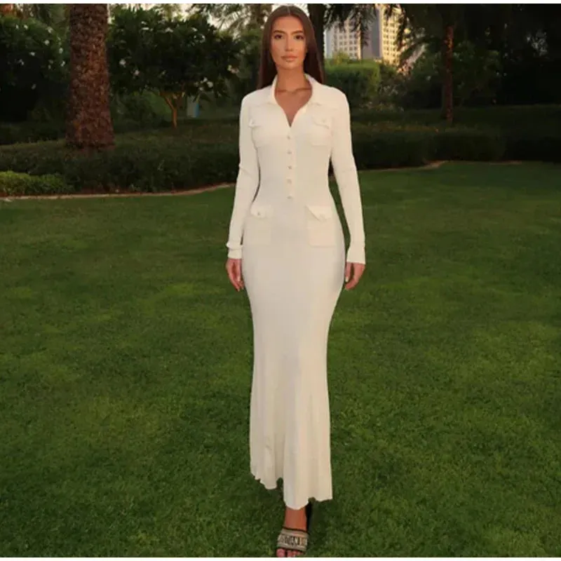 Elegant Ribbed Knit Mermaid Midi Dress Turn-Down Collar w/ Buttons Long Sleeve Long Slim Hip Dress