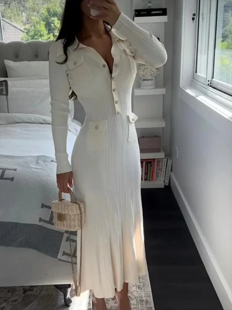 Elegant Ribbed Knit Mermaid Midi Dress Turn-Down Collar w/ Buttons Long Sleeve Long Slim Hip Dress