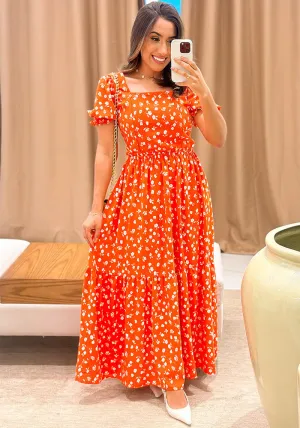 Elegant Square Neck Puff Sleeve Floral Midi Dress
