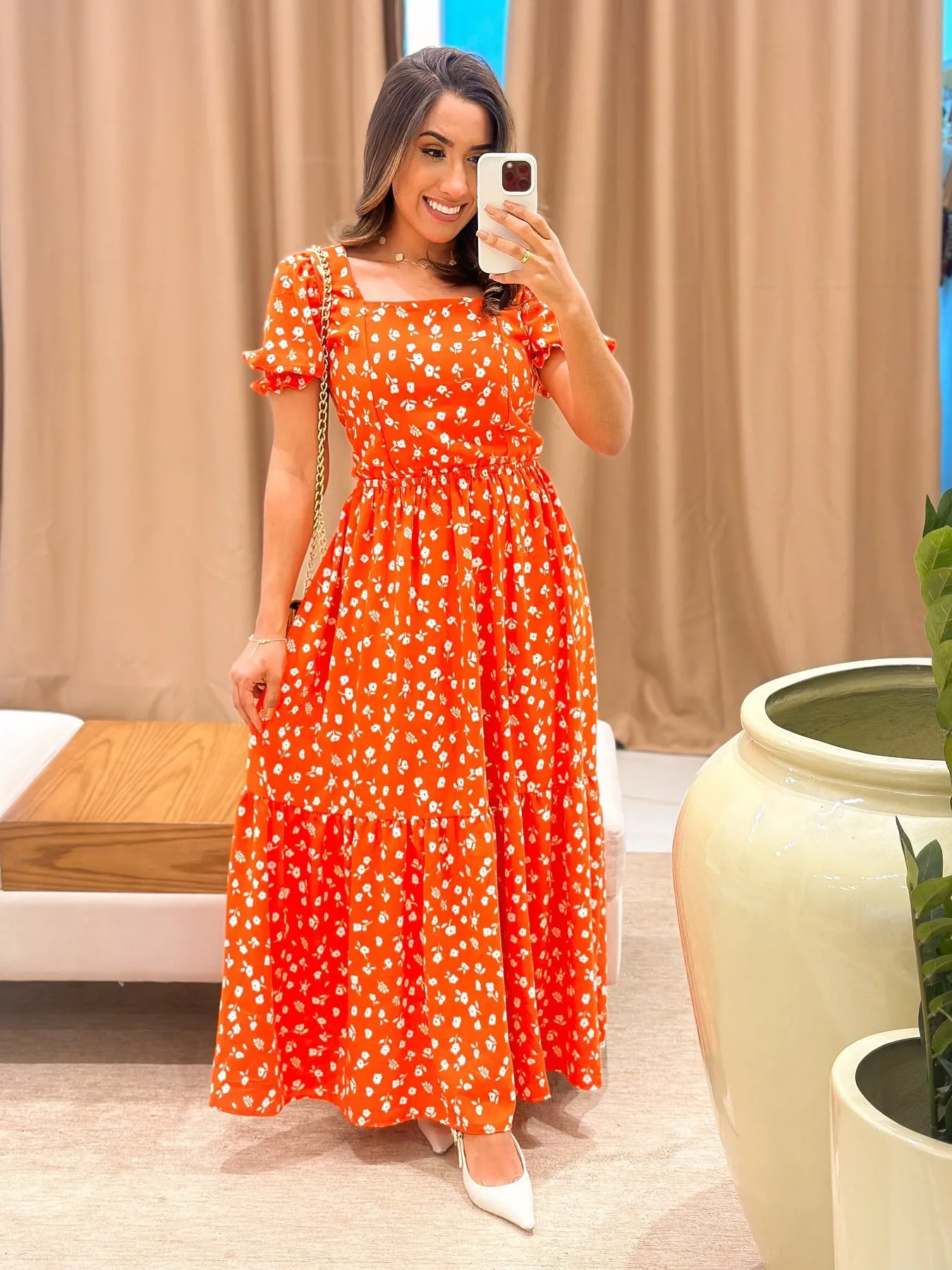 Elegant Square Neck Puff Sleeve Floral Midi Dress