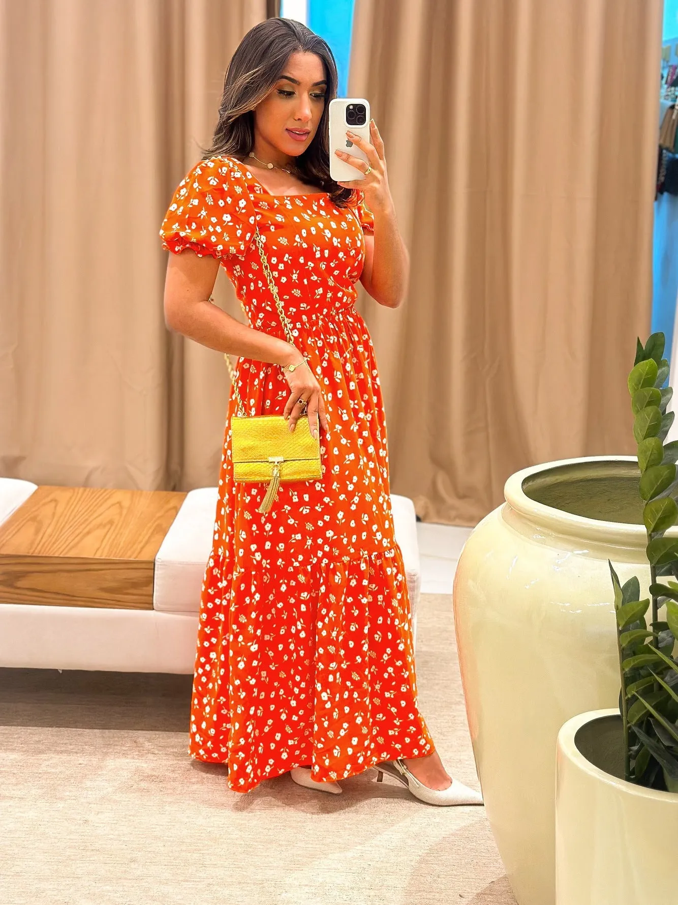 Elegant Square Neck Puff Sleeve Floral Midi Dress