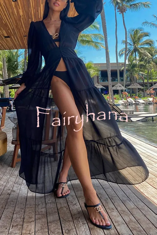 Fashionable Beach Semi-transparent Waist Cover-up Maxi Dress