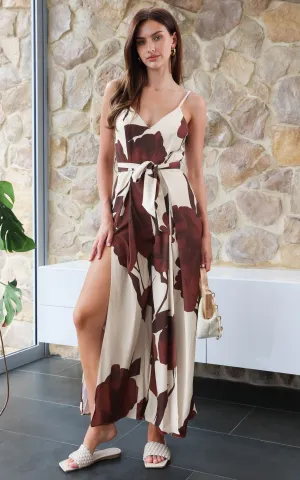 Fierra Wide Leg Jumpsuit - Beige Chocolate Floral